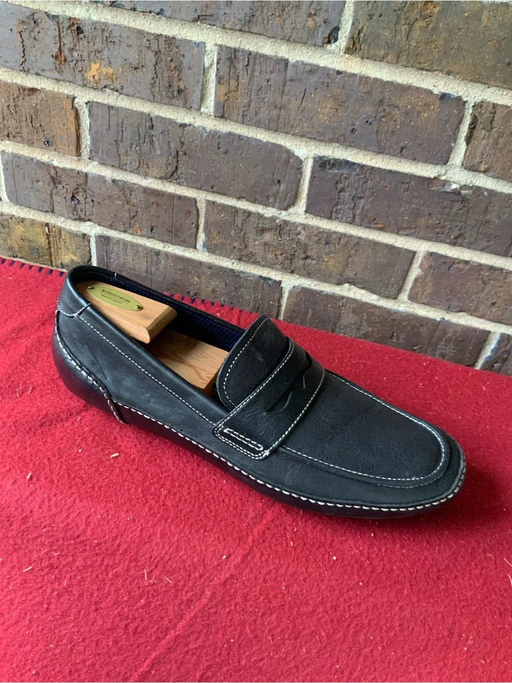Men's Black Leather Penny Loafers with Contrast Stitching